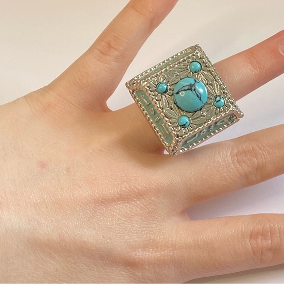 VTG Christian Dior Silver Metal Turquoise Gemstone Logo Nameplate Princess Ring - Picture 14 of 15